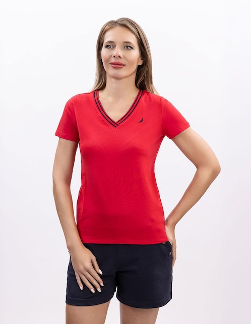Playera manga corta Nautica S25 cuello V para mujer