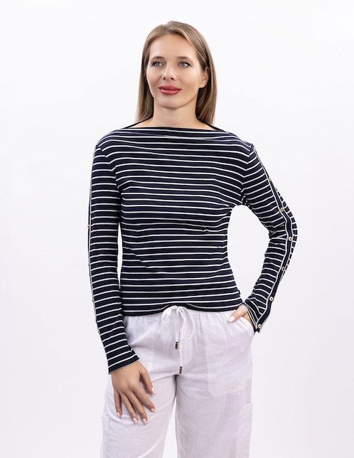 Playera manga larga Nautica cuello ojal para mujer