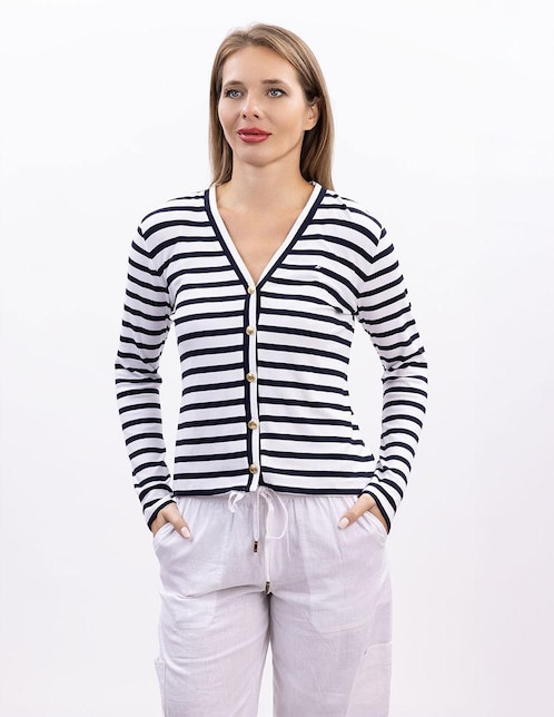 Playera manga larga Nautica cuello V para mujer