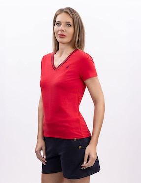 Playera manga corta Nautica S25 cuello V para mujer