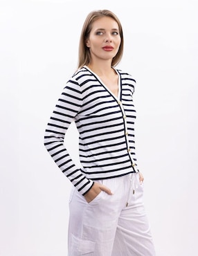 Playera manga larga Nautica cuello V para mujer