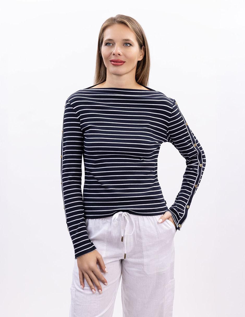 Playera manga larga cuello ojal para mujer