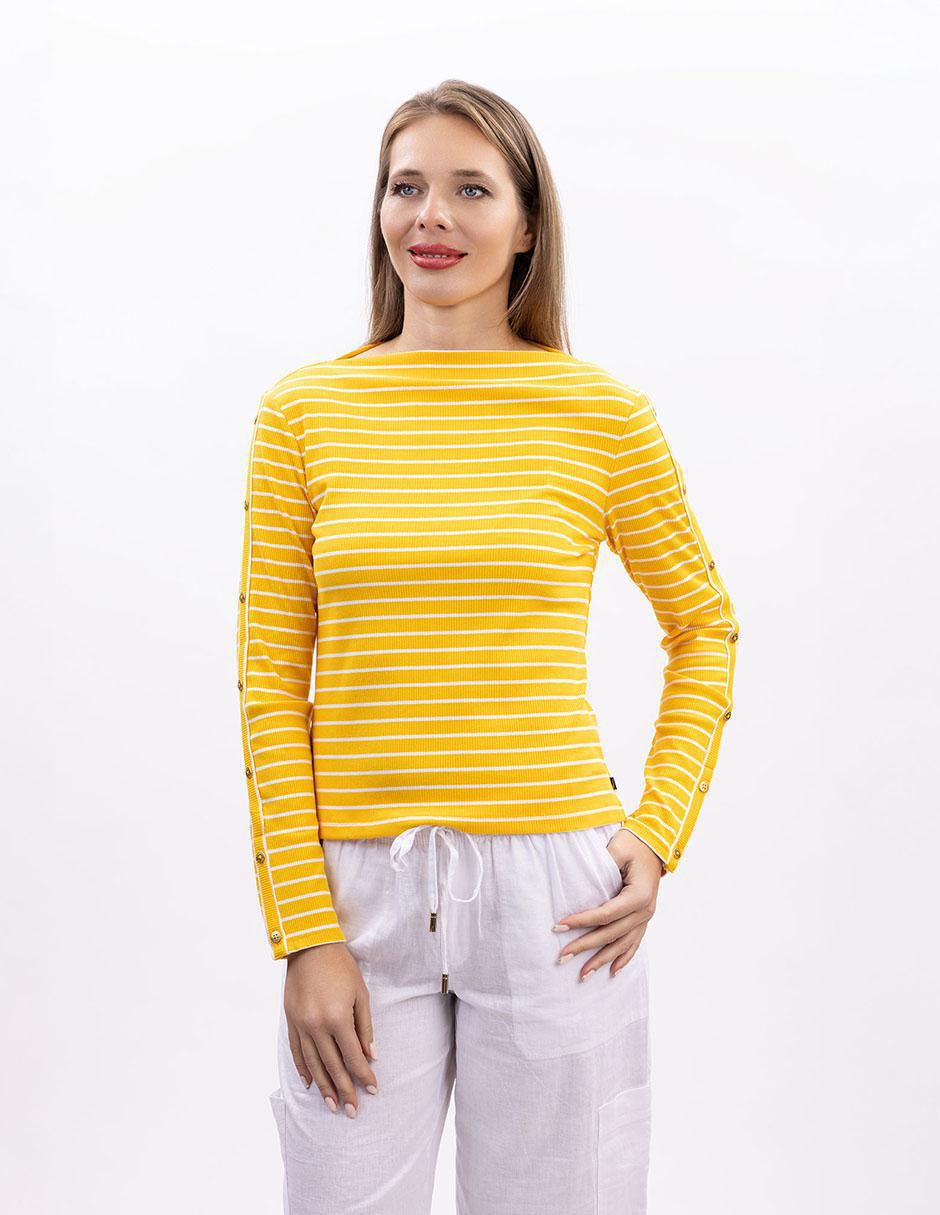 Playera manga larga cuello ojal para mujer