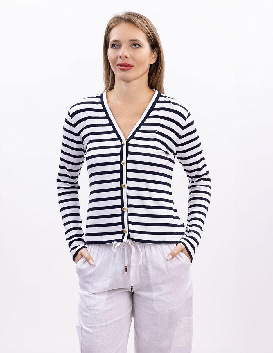 Playera manga larga cuello V para mujer