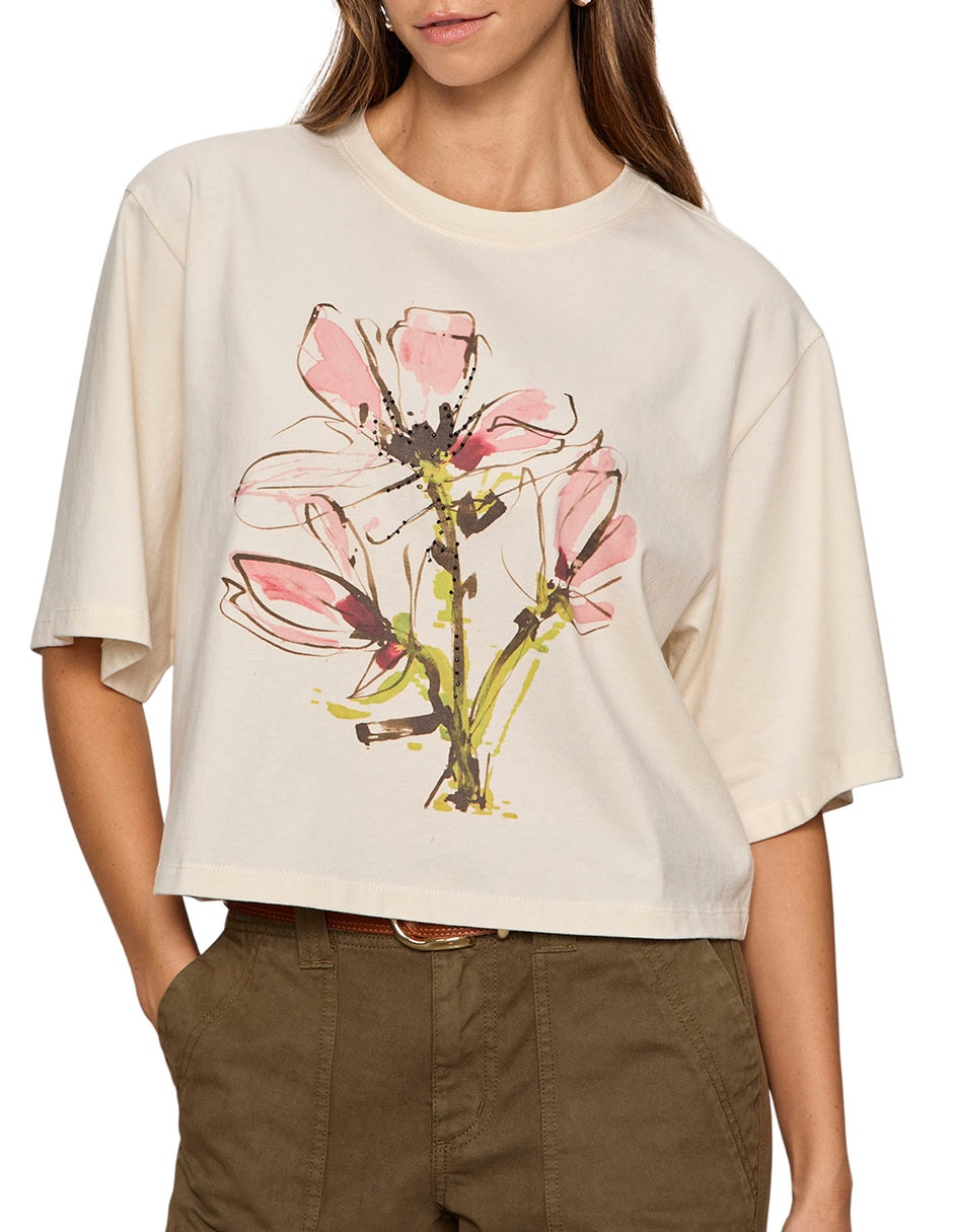 Playera manga al codo cuello redondo para mujer
