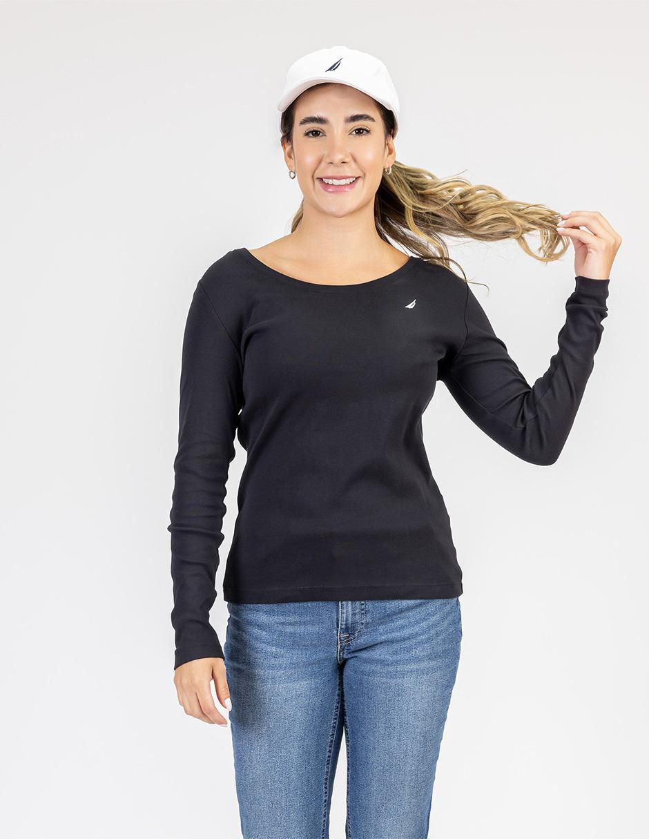 Playera manga larga cuello redondo para mujer